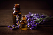 Lavender Essential Oil Bottle With A Sprig Of Lavender For Use In The Spa With Massage, Aromatherapy. Generative AI