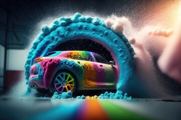 Poster - Car wash with colored foam. AI generated