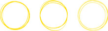 Yellow Circle Line Hand Drawn Set. Highlight Hand Drawing Circle Isolated On Background. Round Handwritten Circle. For Marking Text, Note, Mark Icon, Number, Marker Pen, Pencil And Text Check, Vector