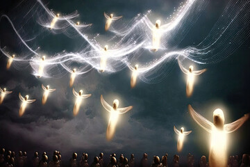 Wall Mural - levitating human souls in heaven. astral body and after life concept. transfer of human consciousnes