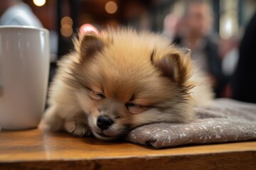 Wall Mural - adorable little three month old pomeranian spitz sleeping on owner's legs in café. lovely human companion. It is portable and portable everywhere. Generative AI