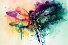 Beautiful Watercolor Sketch Of Dragonfly. Generative Ai.