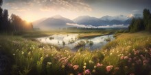 Beautiful Landscape With Meadow, Stream, And Mountains. Snow Capped Peaks And Flower Fields Near A Babbling Brook.