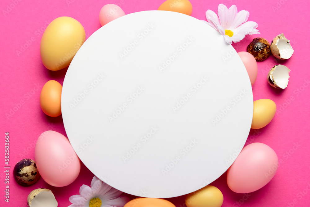 Blank card with Easter eggs and flowers on pink background