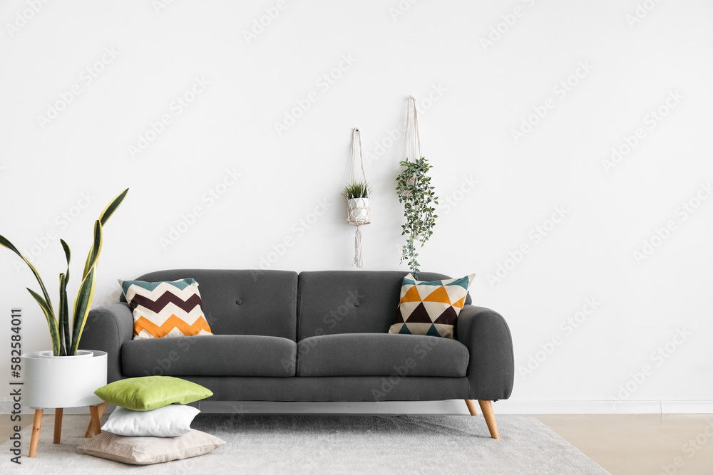 Cozy black sofa with cushions and houseplants near white wall
