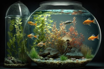 Wall Mural - Exotic small fish in an aquarium with corals and algae in blue water on a dark won. AI generated.