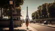 People in the streets of Paris - scene with Eiffel Tower