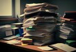 Big stacks of files piled on a desk, big workload. Generative AI. Digital Art Illustration