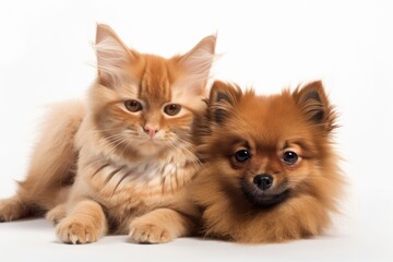 Wall Mural - Spitz puppy and red cat are cuddled up and gazing at the camera. isolated against a white backdrop. Generative AI