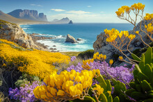 The Vibrant Wildflowers And Rugged Coastline Of Cape Town, South Africa, With Sweeping Views Of The Atlantic Ocean - Generative AI