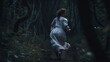 Young anxious woman runs through the forest in panic - made with Generative AI tools
