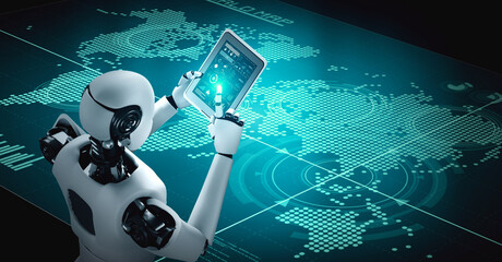 Robot hominoid using tablet computer for big data analytic using AI thinking brain , artificial intelligence and machine learning process for the 4th fourth industrial revolution . 3D rendering.