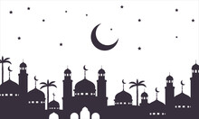 Horizontal Black And White Banner With Silhouette Of Muslim Mosque Facade, Dome And Crescent Symbol On It. Religious Building For Prayer Flat. - Vector.