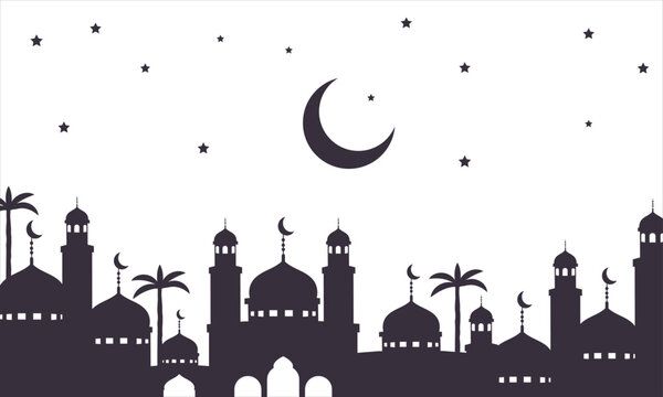 horizontal black and white banner with silhouette of muslim mosque facade, dome and crescent symbol 
