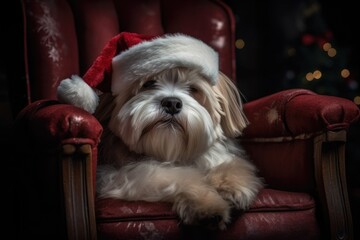 Sticker - After presenting gifts to nice youngsters, Santa's dog is reclining on an old chair. Generative AI