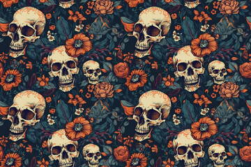 Wall Mural - seamless pattern with skulls and flowers on background with texture. generative ai illustration