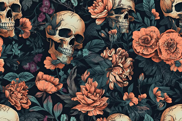 Wall Mural - background with skulls and flowers. Seamless pattern. Generative AI illustration