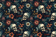 seamless pattern with skulls and flowers on background with texture. Generative AI illustration