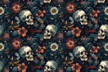 Seamless Pattern With Skulls And Flowers On Background With Texture. Generative AI Illustration