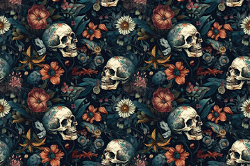 Wall Mural - seamless pattern with skulls and flowers on background with texture. generative ai illustration