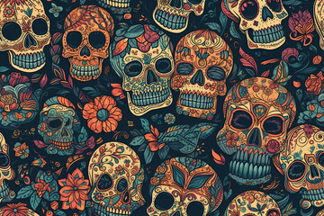 Wall Mural - seamless pattern with skulls and flowers on a background. generative ai illustration