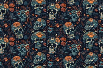 Wall Mural - seamless texture skulls with flowers on dark background. generative ai illustration