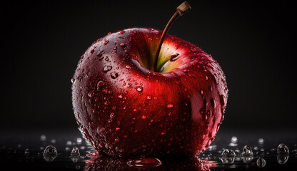 Sticker - Fresh apple drops with wetness on black background ,generative AI