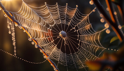 Wall Mural - Spiderweb glistens with dew on autumn leaf ,generative AI