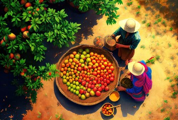 Top view of farmers harvesting fruits in the organic agriculture orchard. People lifestyles and occupation concept. Digital art illustration. Generative AI