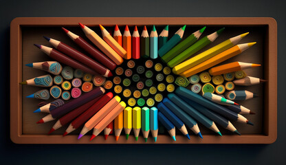 Poster - Multi colored pencils on wood table creativity education ,generative AI