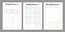 3 Set Of Daily Weekly Monthly Planner. Minimalist Planner Template Set. Vector Illustration.