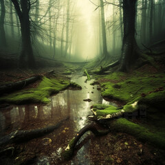 Sticker - Brook going through the misty forest in the morning