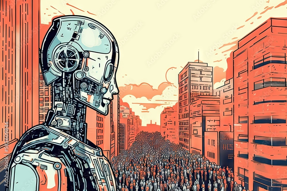 Standed An AI represented as a robot, standed in the city, knowing everything ...