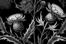 Black And White Seamless Pattern Of Thistle Plant On Black Background - AI Generated Floral Illustration