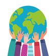 © Orapun - People hands holding earth planet in flat design on white background.