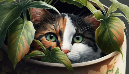  Cute kitten sitting amongst green plants, whiskers out ,generative AI