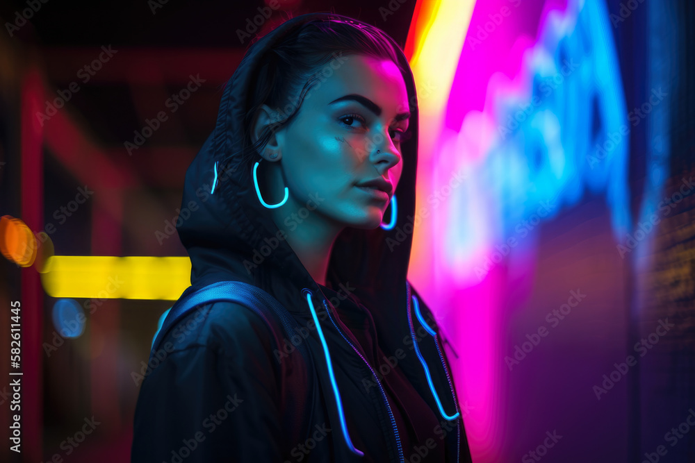 Neon-lit hacker with a rebellious attitude and edgy fashion sense, set against a neon-lit backdrop of code and digital imagery, generative ai