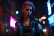 Neon-lit mercenary with a tough and gritty expression, set against a dark and moody cyberpunk cityscape, generative ai