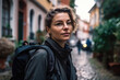 Spontaneous and adventurous portrait of a woman with a backpack, ready for travel and new experiences, generative ai