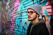 © aicandy - Young hipster with a beanie and glasses posing in front of colorful street art, generative ai