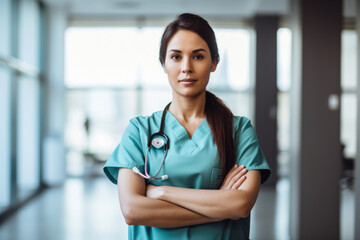 Young female doctor in scrubs with arms crossed standing confidently in a hospital lobby, generative ai