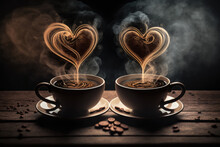 Cups Of Coffee With Steam In Two Heart Shape, Generative AI