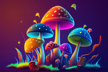 Wall Mural - Mushrooms Magic Background. Generative Ai