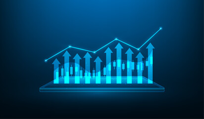 Wall Mural - business investment graph trading growth on tablet. inance forex trade candlestick technology. Economy trends investment concept. vector illustration digital design. isolated on blue dark background.