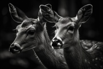 Two gorgeous Bawean deer in black and white against a dark background. Generative AI