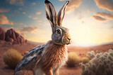 Fototapeta  - A cute HARE, rabbit in desert sight  to enjoying nature, hot Atmosphere and bright Sky in the background, Children's Story, Kid hare, blur, 4K, Animal Wallpaper, rabbit Background, cute hare, Ai