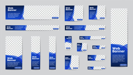 Business banner standard size in horizontal and vertical rectangle square template set for web design. Transparent gradient blue geometric curve shapes header with place of photos. Vector.