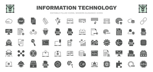 set of information technology filled icons. information technology glyph icons such as seo, page, ux de, cloud storage, www, seo growth, seo tools, archive, error 404 vector.