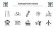 © Abstract - set of transportation filled icons. transportation glyph icons such as bicycle side view, shock breaker, ship wheel, boating, train front view, train front view, luxury yacht, sailing boat with