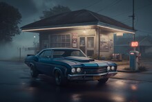 Ethereal Muscle Car: A Cinematic Photorealistic Rendering Of A Vintage Auto In A Foggy Blue Hour Setting By Octane Render W/ Transparent Fog Lights, Generative AI